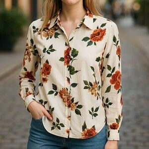 ANTHROPOLOGIE PHILOSOPHY Top Women Small Floral Print Lightweight Button  Front